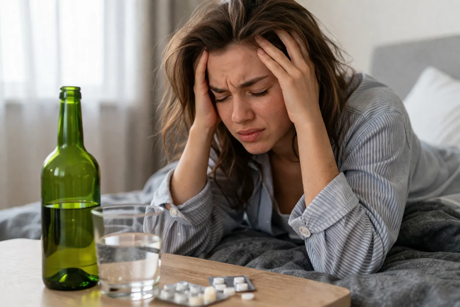 У девушки болит голова с похмелья